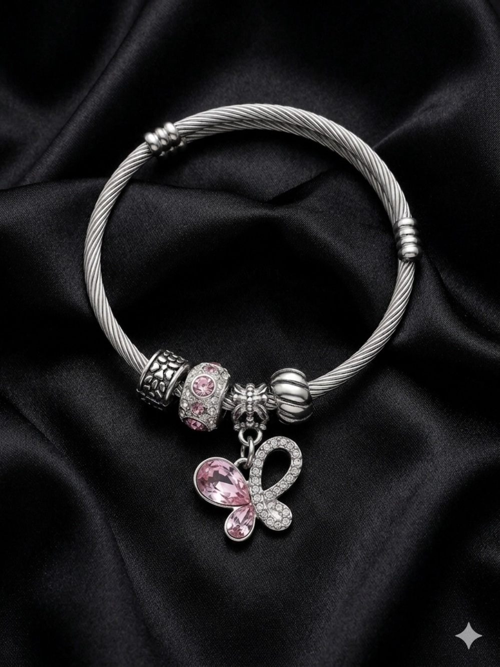 Silver-Tone Bracelet with Pink Crystal Butterfly Charm